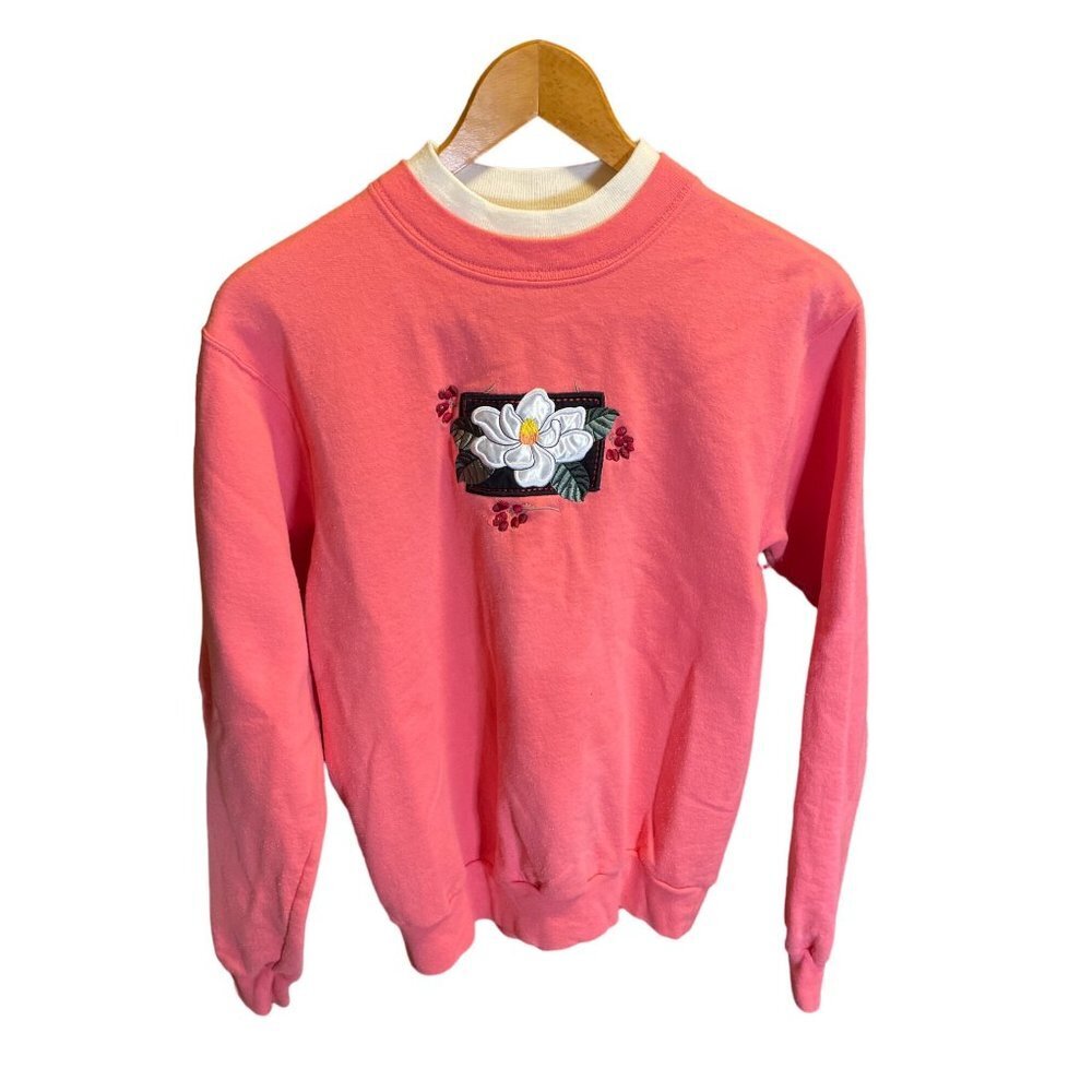Vintage 90s Flower Embroidered Top Stitch Pink Pullover Sweatshirt Top